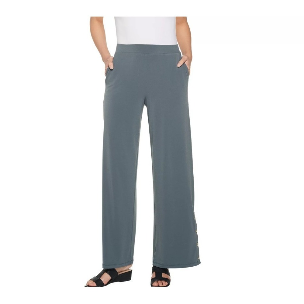 Susan Graver Liquid Knit Wide Leg Pants Sz L Gray Button Accent Pockets Stretch